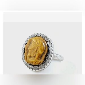 Vintage Sterling Silver Carved Tiger Eye Cameo Ring
